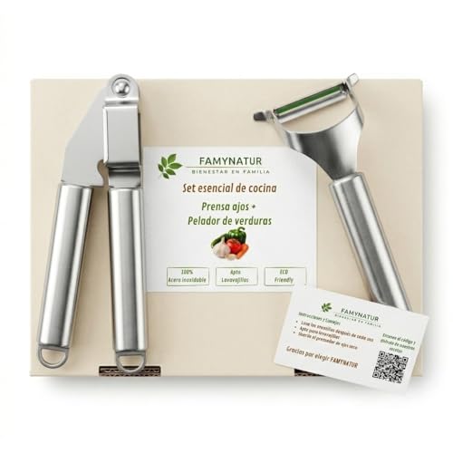 Professional Garlic Press + Vegetable Peeler – Garlic Chopper + Potato Peeler – Effortlessly Crushes in Seconds – Stainless Steel – Easy Cleaning, Dishwasher – Quick Cooking Kit Recipe QR