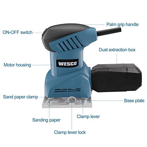 Palm Sander, WESCO 2.0 Amp 1/4 Sheet Sander, 12,000 OPM Corded Finishing Sander with Dust Collector, Punch Plate & 12 Sanding Discs, Vacuum Adapter, Quick Locking System/ WS4151U.1
