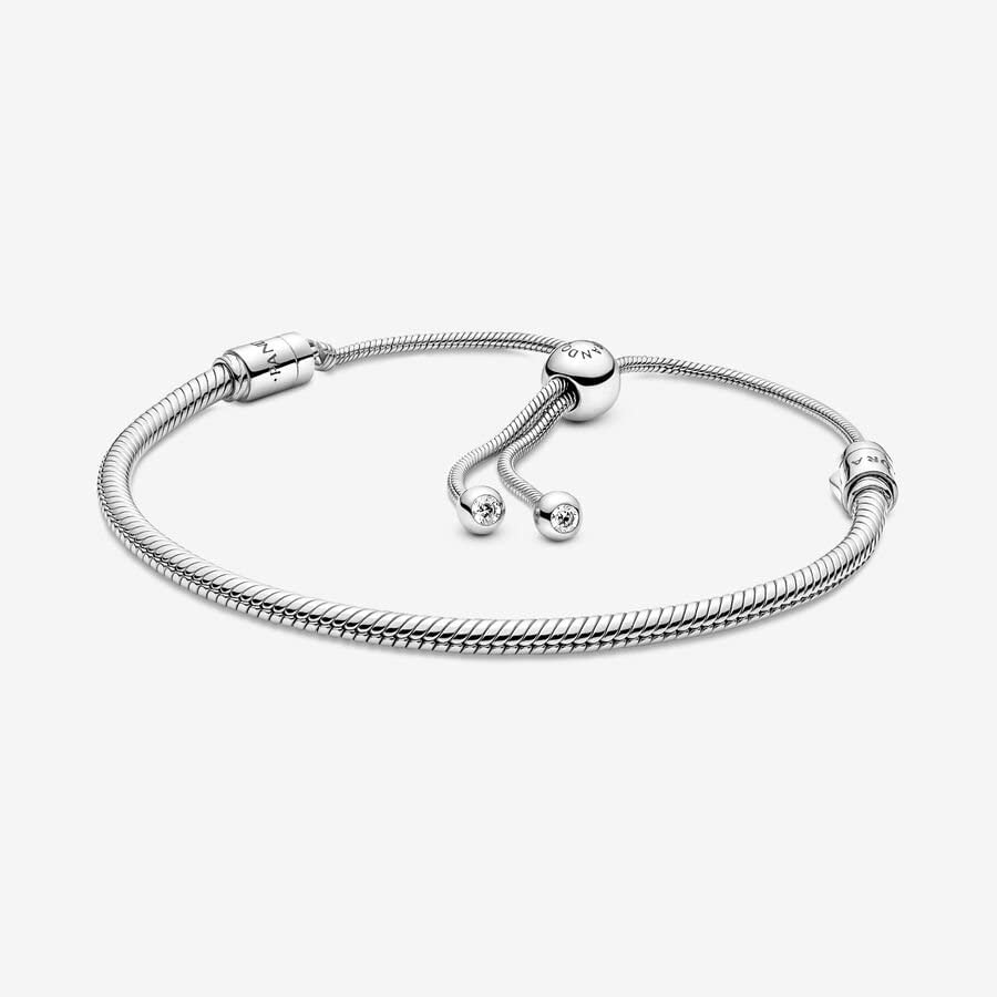PANDORA Moments Snake Chain Slider Bracelet - Charm Bracelet for Women - Gift for Her - Sterling Silver with Clear Cubic Zirconia - With Gift Box - 11