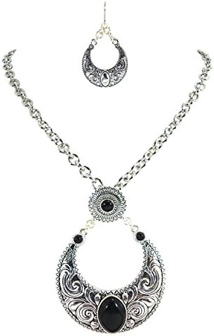 Bohemian Gypsy Ethnic with Black Stone Metal pendant Necklace & Earrings Pendant