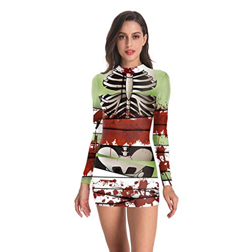 charmsamx Women's Halloween Dress Skeleton Blood Printed Sexy Bodycon Tight Mini Dresses Long Sleeve 3D Print Skull Dress Costume for Halloween Party - Thumbnail 2