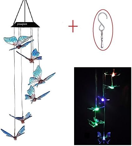 Youqian Solar Butterfly Wind Chimes, Color-Changing Moving Rotating Wind Chime Waterproof Automatic Light Sensor Outdoor Decor for Home Party Balcony Porch Patio Garden