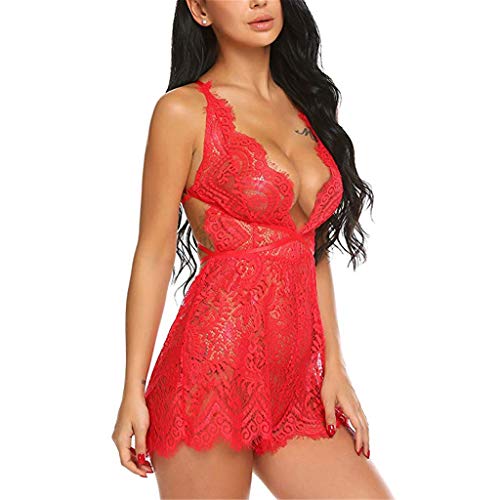 OrchidAmor Women Lingerie V Neck Nightwear Satin Sleepwear Lace Chemise Mini Teddy Red - Thumbnail 2