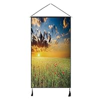 DJKMI Poppy Stylish Hanging Poster,Freshening Sky View with Grass and Poppies Against Sunset Horizon Countryside for Living Room Bedroom,13" W x 47" H
