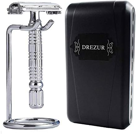Butterfly Safety Razor with Stand, DREZUR Double Edge Razor(Includes 10 Premium Razor Blades + Carry Case), Gift for Men, Chrome Plate - Silver