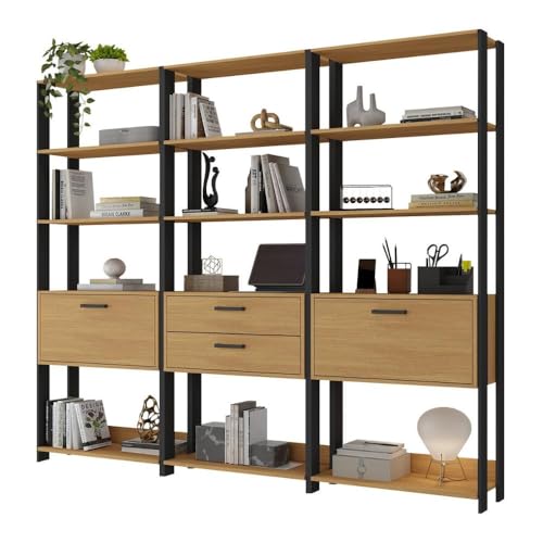 Multimóveis Estante de Escritório Modulada Texas MP6060 com 12 Prateleiras 2 Portas 2 Gavetas 219cm Preto/Madeirado