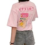SSJ Japanese Drink Print T-Shirt Strawberry Milk MAMEPIYO rogo Color for Pink (Asia-M, Pink)