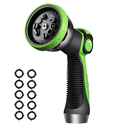 VicTsing Garden Hose Nozzle, Metal Hand Sprayer, No-Squeeze Sprayer with 10 Watering Patterns, Thumb Control, 10 Extra Rubber Washers Are Included, Great for Car, Garden