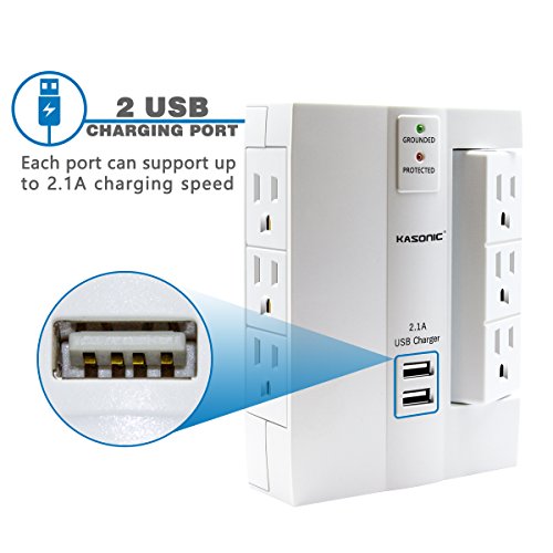 Wall Tap Surge Protector, Kasonic Top Power Strip 6 Power Outlets Plus 2 USB Ports Portable Wall-Mount Socket, Best Power Surge Protection Smart Charging for Home and Office (2 PACK)