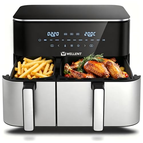 WELLENT 11L Airfryer 2 Kammern, 2600W Heißluftfritteuse XXL(4+7L),10-in-1 Heissluftfritteuse Doppelkammer Air fryer Dual Zone mit Touchscreen, Match &