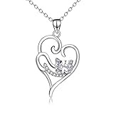 Sterling Silver CZ Animal Cat Love Heart Pendant Necklace 18
