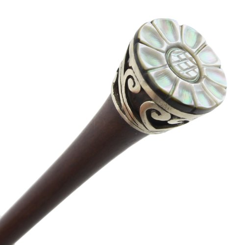Evolatree Natural Wood Hair Pin - Hand Carved Wooden Hair Stick - Elegant Steel Filigree Wrap - Mother Of Pearl Flower - 7" - Thumbnail 2