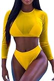 Meyeeka Mesh Long Sleeve Rash Guard Swimsuits 3 Pcs Bikini Set Swimwear for Women L