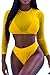 Meyeeka Mesh Long Sleeve Rash Guard Swimsuits 3 Pcs Bikini Set Swimwear for Women L Yellow