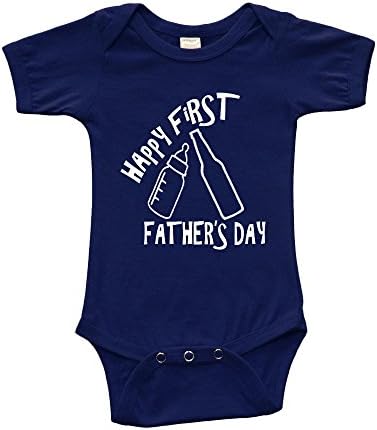 PandoraTees Short Sleeve Onesie w/Happy First Father's Day(Cheers Bottles), Navy Blue, 6-12m