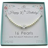 April Crystal and Pearl Bar 16th Birthday Necklace | 16" Sterling Silver Chain | Sweet 16 Gift | 4mm Pearl
