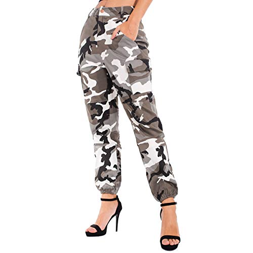 JTANIB Women’s Camo Joggers High Waisted Slim Fit Cargo Pants with Pockets (Gray, S)