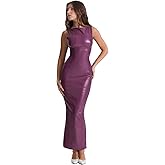 XLLAIS Women's Faux PU Leather Bodycon Maxi Dress Sexy Boatneck Tank Long Dresses