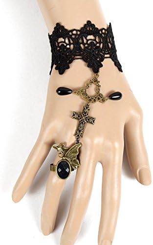 So Beauty Black Lace Slave Bracelets with Ring Cross Pandents, Gothic Style Costume Jewelry Adjustable