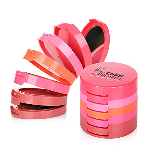 UCANBE 5 Colors Face Blusher Palette Waterproof Matte Long Lasting Lightweight Blush Powder Pink Coral Blushing Pallet with Brush Mirror Women Makeup Gift Set Kit