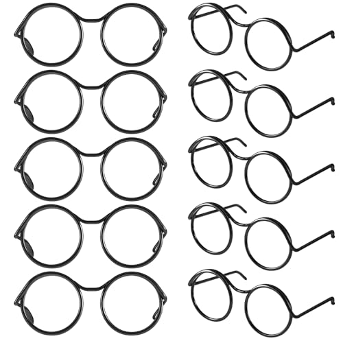 Doll Glasses, 10 Pcs Mini Metal Wire Rim Frameless Lens Doll Dress up Eyeglasses Dolls Making Supplies for Dolls Pets Costume Accessories Cosplay DIY Crafts (Black)