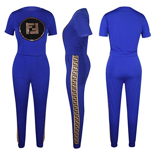 Deloreva Women Two Piece Outfits - Short Sleeve Summer Sweatsuit Jogging Suit Pants Set Activewear Blue M