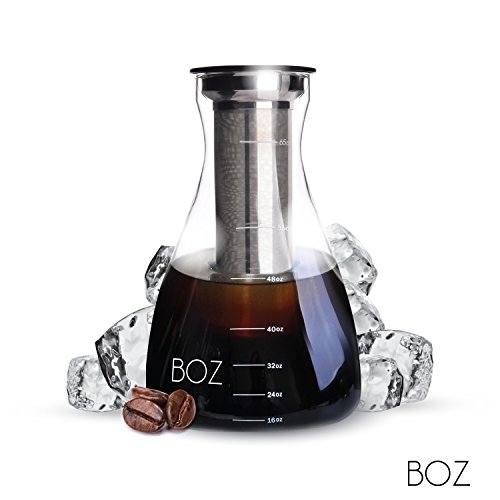 BOZ Cold Brew Iced Coffee Maker, 2 Quart Glass Pitcher | Ultra Fine Coffee Filter, Serving Carafe | 2L, 67 fl oz