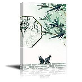 Bamboo Series Chinese Ink Painting Style Couple Cats Under Leaves