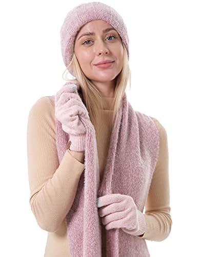 Winter Beanie Hat & Scarf Set – Thick Fleece Lined, Windproof, Slouchy Knit Skull Cap & Neck Warmer, Light Pink