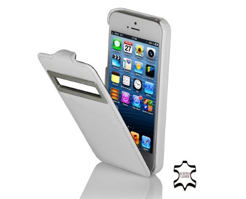 StilGut, exclusive leather case UltraSlim for Apple iPhone 5 & iPhone 5S with ID Calls (IOS 6), White