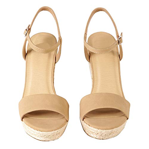 PiePieBuy Womens Wedges Espadrille Ankle Strap Open Toe Heeled Sandals Khaki - Thumbnail 2