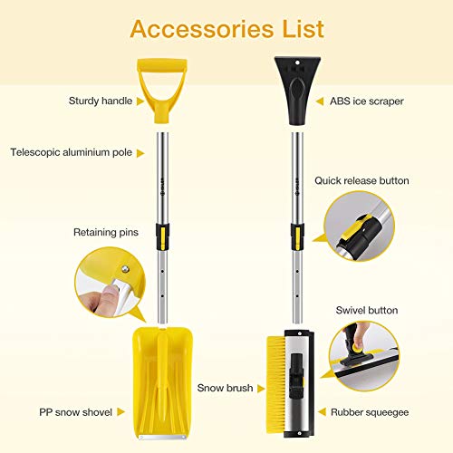 ISILER Extendable 4 In 1 Snow Removal Kit With Snow Shovel, Ice Scraper
