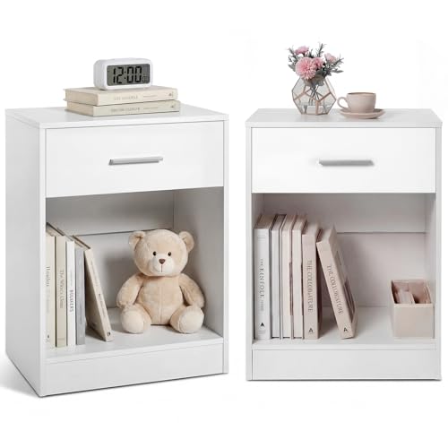 OSLIFE Juego de Buros para Recamara Minimalista,Par de Modernos Mesa de Noche Blanco,Mesa con Cajones,Side Table Pequeño,Estantería Abierta,Armarios Esquineros y Armarios de Almacenamiento(2 Pieza)