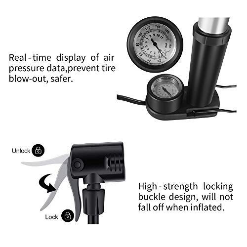 MIWI Bike Pump with Pressure Gauge,Mini Bike Aluminum Alloy Floor Pump