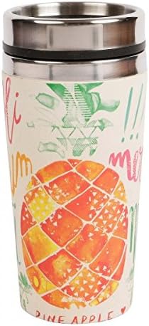 ORNAMI Bamboo Travel Mug with Lid and Pineapple Paradise Design, 450 ml - Eco Travel Mug for Hot and Cold Drinks - Reusable Coffee Mug, Stainless Steel and Bamboo Fibre, Food-Safe