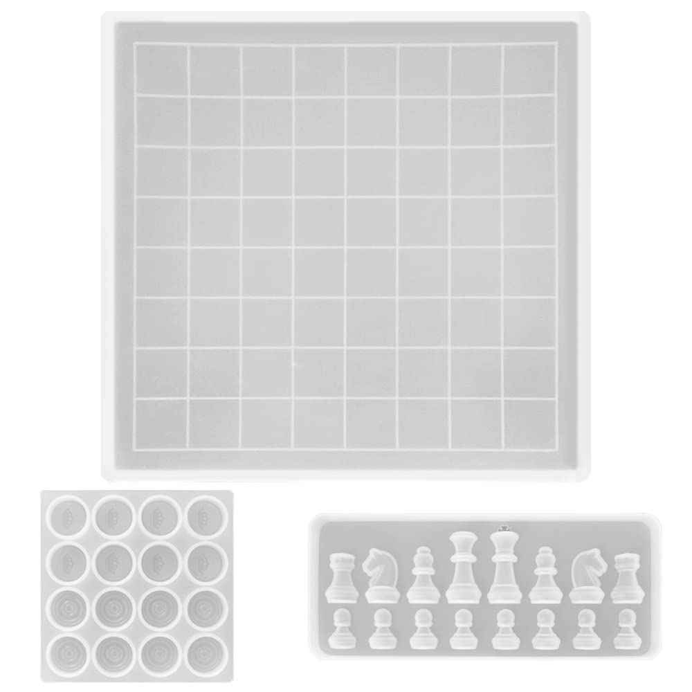 AIFUDA Checkers Board Resin Molds Set - 1 Pcs Checkers Game Board Silicone Mold, 1 Pcs Checkers Pieces Mold and 1 Pcs Chess pieces Epoxy Casting Mold Making Tool Projects, DIY Jewelry Crystal