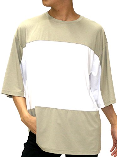 Timely Warning Men's Patchwork T-Shirt Contrast Color Stitching Crew Neck (Large, Beige/White)