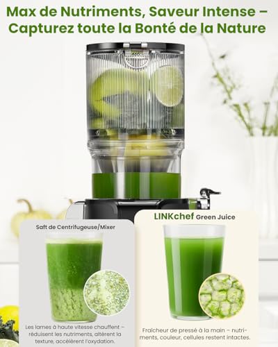 LINKChef Vertical Juicer | Slow Juicer 200W | Wide Mouth 115 mm for Whole Fruit & Vegetable | With Recipe Book, Easy Cleaning, BPA Free, Black