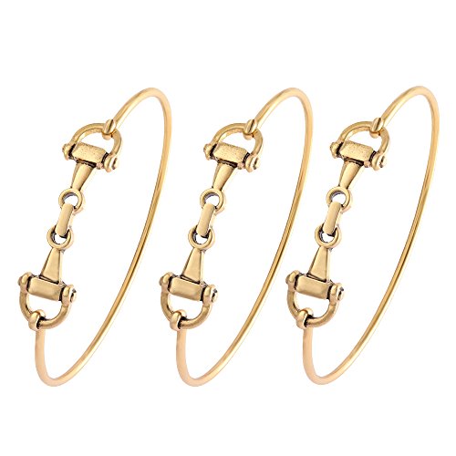 SENFAI Horse Snaffle Bit Hook Clasp Charm Bracelet Bangle Jewelry (Antique Plated Bracelet 3 pcs Set, Gold-Plated-Base)