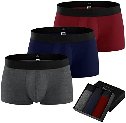 YIQIC Mens Underwear Boxer Briefs, Cotton Red Blue Set Stretchable Breathable Moisture-Wicking 3 Pcs Pack Asia Size (XX-Large, Gray,Dark Blue, Wine Red)