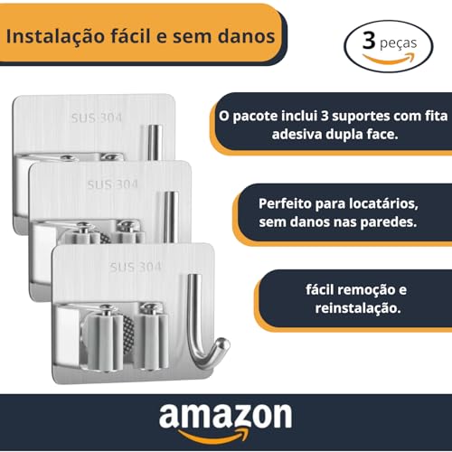 Kit 3 Unidades – Suporte Porta Vassouras em Aço Inox Premium com Prendedores Antiderrapantes e Ganchos – Organização Completa para Cozinha, Lavanderia e Garagem com Fixação Adesiva