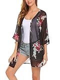 Women Chiffon Floral Print Loose Cover Up Top Summer Kimono Cardigan (M, Black)