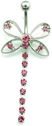 HYYIdealism 316L Surgical Steel 14 Guage Pink butterfly Belly Navel Ring Bar Barbell Button Body Jewelry