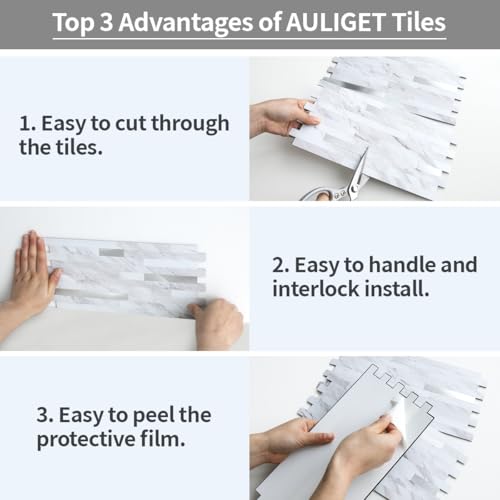 AULIGET 20 Sheets Faux Stone Peel and Stick Backsplash, White Marble Look PVC Wall Tiles Stick on Backsplash for Kitchen