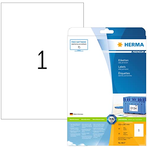 HERMA 8637 Universal Etiketten, 320 Blatt, 210 x 297 mm, 1 pro A4 Bogen, 320 Stück, selbstklebend, bedruckbar, matt, blanko Papier Klebeetiketten Aufkleber, weiß