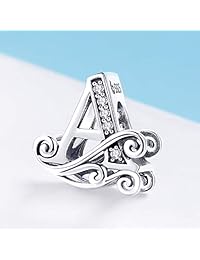 Plata de ley 925 maciza con piedras cúbicas, opciones de regalo A~Z, abalorio de alfabeto, compatible con pulseras  peas Pandora.