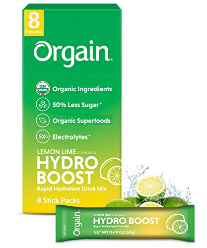 ORGAIN ORGANIC HYDRATION PACKETS, ELECTROLYTES POWDER – LEMON LIME HYDRO BOOST WITH SUPERFOODS, VEGAN, GLUTEN-FREE, NO SOY INGREDIENTS, NON-GMO, LESS SUGAR THAN SPORTS DRINKS, 8 COUNT