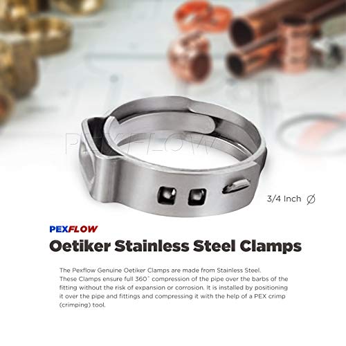 Pexflow PXKT-CR1234 Pex Cinch Clamps - 100 pcs of 1/2 Inch + 50 pcs of 3/4 Inch Stainless Steel Cinch Oetiker Corrosion-Resistant Clamps for Radiant Heating, Domestic Water & Other Plumbing Application