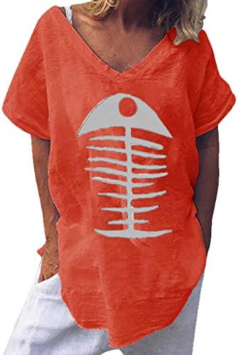 Women Funny Fishbone Tops Ladies Vintage Casual Linen Short Sleeve Loose Blouse T-Shirt for Work Sports Daily Beach