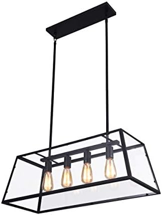 mirrea 4-Light Kitchen Island Pendant Matte Black Shade with Clear Glass Panels Modern Industrial Chandelier for Dinning Room